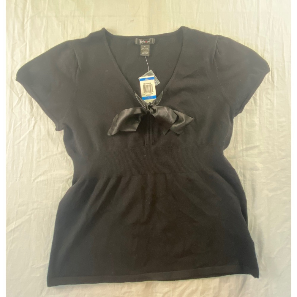 Style & Co Womens XL Black V-Neck Short Sleeve Knit Top Satin Bow 31205BK805 NEW